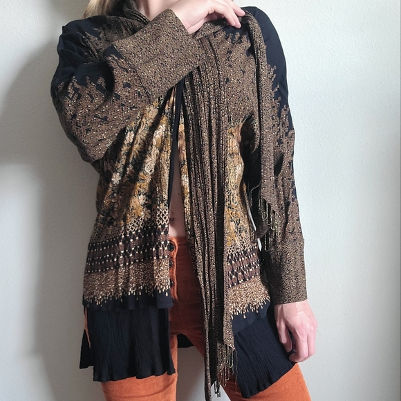 Carole Little 2 Layer Black & Gold Tassle Beaded Cardigan - Picture 3 of 8